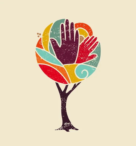 Árbol de concepto de color con diversidad personas manos — Vector de stock