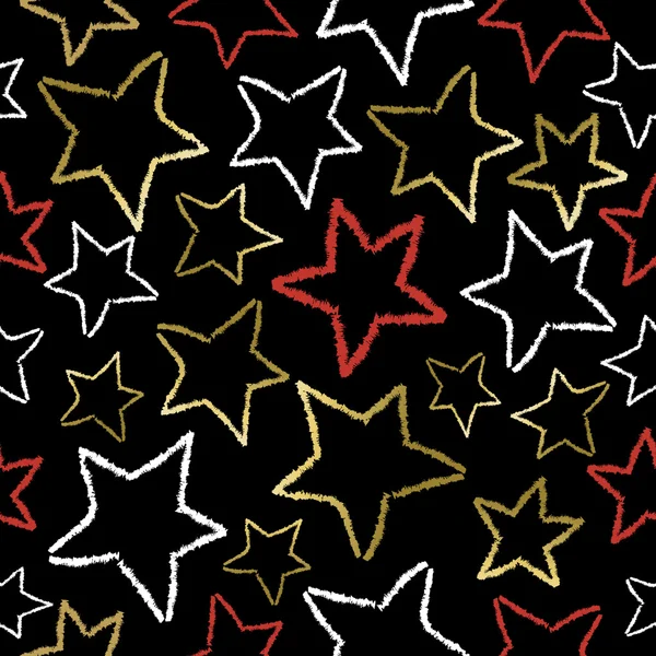 Patrón negro con garabatos estrella de oro para Navidad — Vector de stock