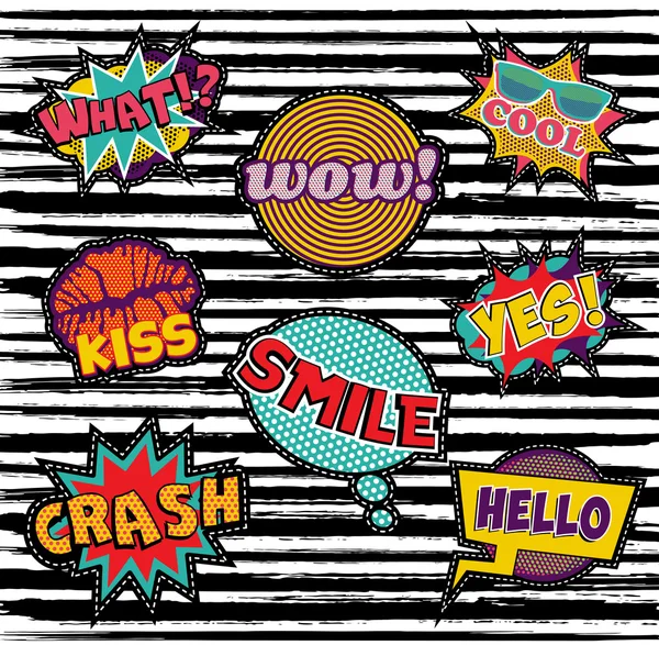 Set of embroidery text patch with pop art elements — Stock Vector