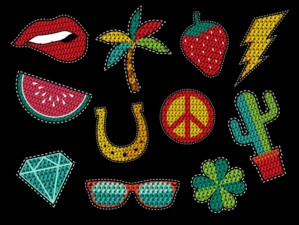 Set of sequin pop art summer patch icons — Stock Vector