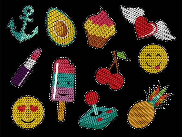 Set of cute sequin pop art retro patch icons — Stock Vector