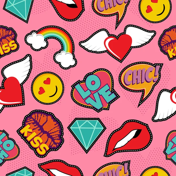 Pink pop arte ponto patch padrão sem costura —  Vetores de Stock