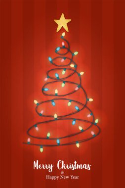 Mutlu Noeller Noel tebrik kartı. Noel ışıkları çam ağacı şeklinde dizili. Şenlikli kırmızı arkaplanda parlak ampul süslemesi.
