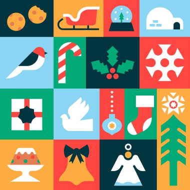 Modern düz geometrik xmas dekorasyon ikonlarının kusursuz Noel çizimleri. Şenlikli kutlama mozaiği arka planında renkli süsler, kar tanesi, Noel Baba kızağı ve hediye bulunuyor..