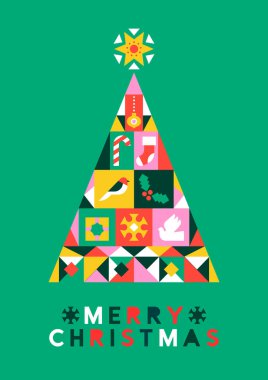 Mutlu noel tebrik kartı çizimleri. Kışları moda geometrik halk tarzında simgeleşen Noel ağacı çizimleri. Modern İskandinav tasarımı hediye kutusu, kuş, süs ve kar tanesi içerir.