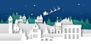 Christmas holiday city illustration in 3d paper cut style. Winter town with church, house buildings, santa claus and papercut pine tree forest. White xmas concept or festive celebration greeting card. clipart