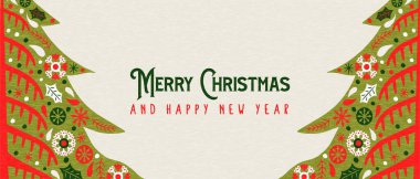 Mutlu Noeller. Yeni yılınız kutlu olsun. Klasik halk afişi illüstrasyonu. Geleneksel İskandinav tarzında şenlikli kırmızı ve yeşil çam ağacı. İskandinav dekorasyonlu tatil sezonu kartı.