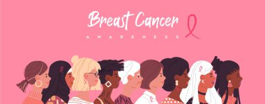 Meme kanseri farkındalığı ayı sosyal afiş illüstrasyonu, çeşitli kadın arkadaşlar ve pembe kurdele. Kadın sağlık kampanyası, hayır kurumu yardımı veya hastalık önleme tasarımı.