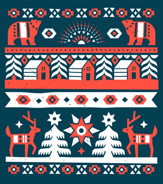 Carte Vœux Noël Illustration Décoration Art Populaire Traditionnel Paysage Forestier — Image vectorielle