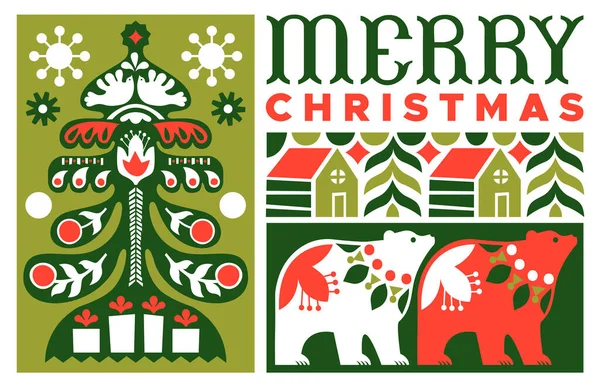 Feliz Navidad Ilustración Tarjeta Felicitación Estilo Arte Tradicional Popular Diseño — Vector de stock
