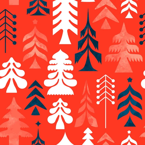 伝統的なスカンディナヴィアの民俗のクリスマス休暇のシームレスなパターンは ヴィンテージの水彩画の質感でツリー装飾松 包装紙 布プリントまたはグリーティングカードのデザインのためのレトロな背景 — ストックベクタ