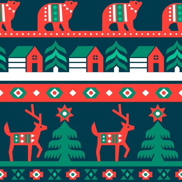 伝統的な北欧の民俗デザインとクリスマスシームレスなパターン 冬の森のレトロな休日の背景 トナカイ クマや包装紙 ファブリックプリントやグリーティングカードのためのクリスマスハウスの装飾 — ストックベクタ