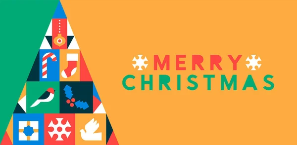 圣诞快乐网页横幅插图的圣诞树与冬季图标在五彩斑斓的几何平面风格 现代的丑闻设计包括礼品盒 装饰品和雪花 — 图库矢量图片