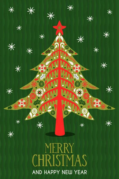 圣诞快乐 新年快乐贺卡插图 传统的斯堪的纳维亚艺术松树 手绘冬季装饰 旧式雪花 树叶和自然的节日图标设计 — 图库矢量图片