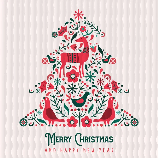 メリークリスマスあけましておめでとうございます 手描きの冬の装飾と伝統的なスカンディナヴィアの芸術松の木 ホリデーシーズンのヴィンテージ北欧のトナカイ 鳥や花 — ストックベクタ