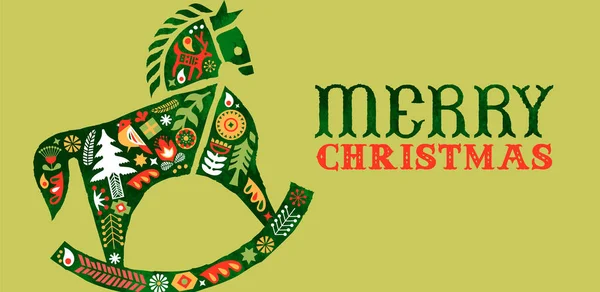 Feliz Navidad Retro Arte Popular Tarjeta Felicitación Decoración Nórdica Tradicional — Vector de stock