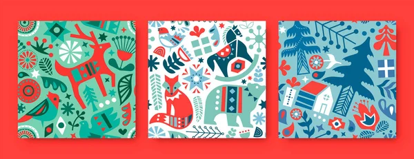 圣诞无缝图案插图集 色彩斑斓的鸟类民间艺术图标背景 北欧风格的假日装饰包括冬季驯鹿 松树和花卉 — 图库矢量图片
