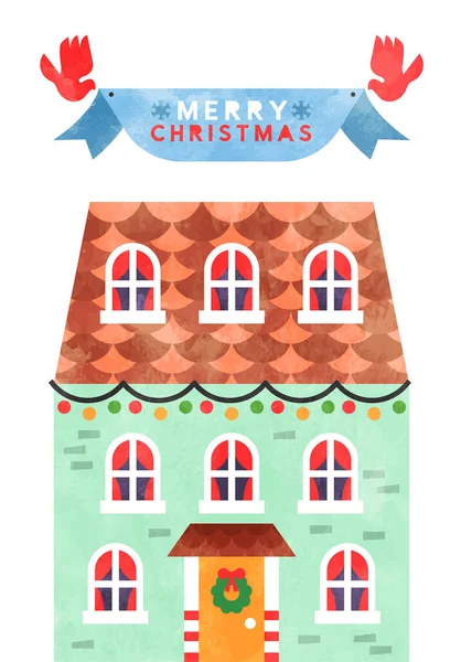 Merry Christmas Greeting Card Illustration Cute Watercolor Cartoon House Festive — Stock Vector