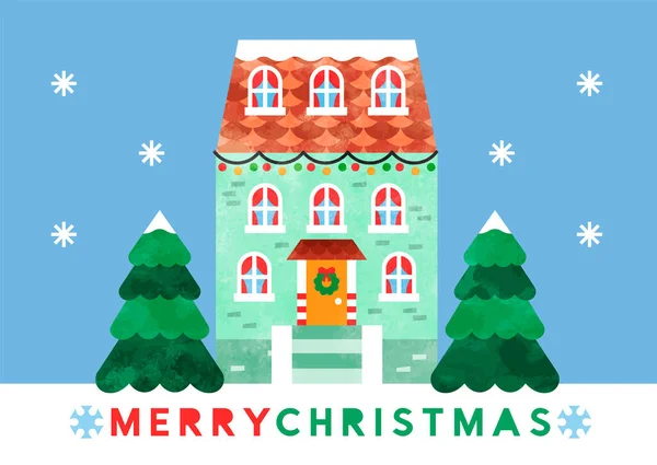 メリークリスマスグリーティングカードイラスト お祝いのクリスマスシーズンの装飾とモダンな幾何学的なスタイルで松の木とかわいい漫画の家 冬の水彩ホーム風景 — ストックベクタ