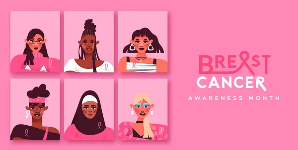 Brustkrebs Bewusstsein Monat Grußkarte Illustration Diverse Freundinnen Zusammen Mit Rosa — Stockvektor