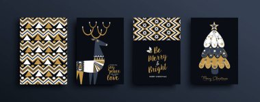 Mutlu Noeller İskandinav tarzı altın renkli resimlerin yeni yıl tebrik kartı koleksiyonu. Ren geyiği, çam ağacı ve İskandinav desenli halk sanatı bayramı tasarımı.