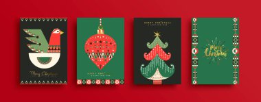 Mutlu Noeller İskandinav Geometrik çizimlerinin eski kart koleksiyonu. Güvercin kuşu, takı ve çam ağacıyla halk sanatı bayramı tasarımı.