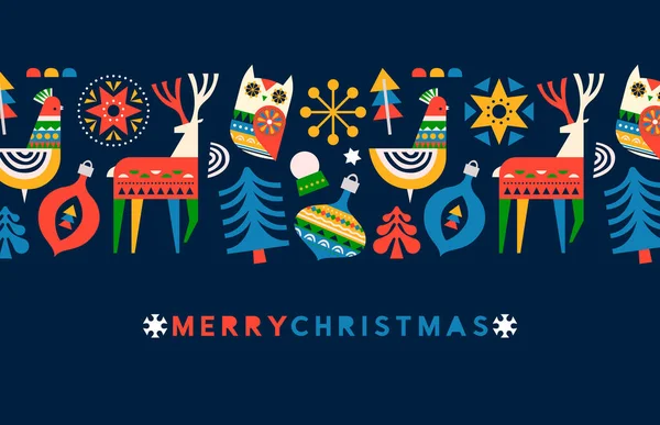 カラフルな民俗芸術動物やホリデーシーズンの装飾のメリークリスマスグリーティングカードイラスト Xmasデザインはトナカイ 松の木 鳥が含まれています — ストックベクタ