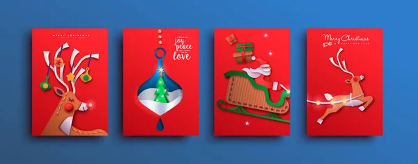 Feliz Natal Cartão Conjunto Saudação Renas Xmas Coloridas Com Trenó — Vetor de Stock