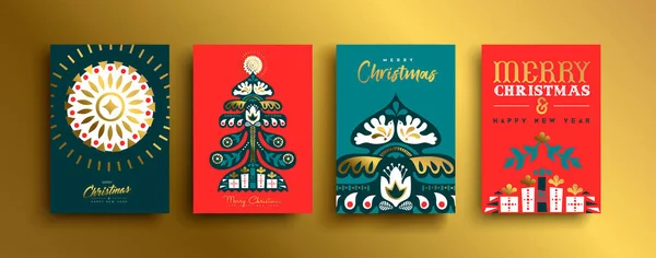 Merry Christmas Happy New Year Greeting Card Set Luxury Gold — Stock Vector