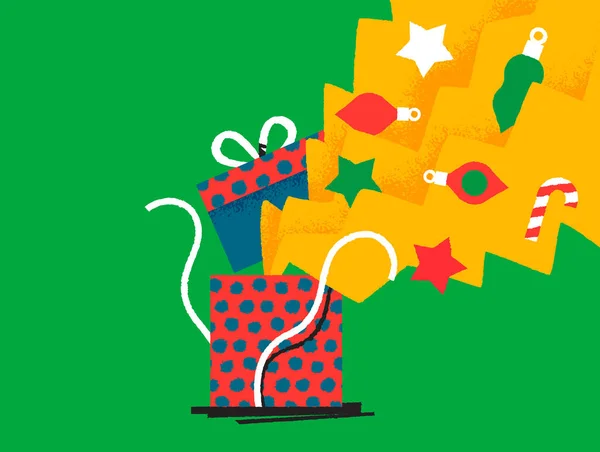 圣诞贺卡插图概念开放礼品盒与节日装饰和圣诞装饰爆炸 12月事件用现代平面手绘卡通设计 — 图库矢量图片