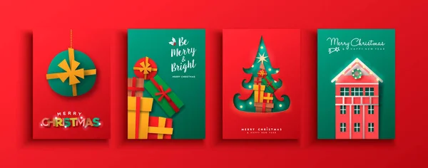 Joyeux Noël Jeu Cartes Voeux Décoration Colorée Ornement Noël Boîte — Image vectorielle