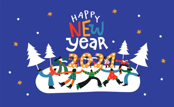 新年快乐贺卡插画 不同的人朋友团体手牵手跳舞 2021年左右的数字日期标志 派对庆祝活动的设计 — 图库矢量图片