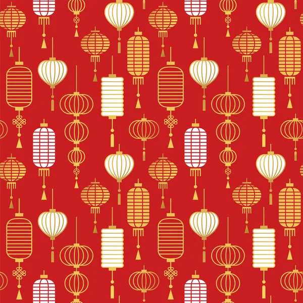 Chinese Papieren Lantaarn Naadloze Patroon Illustratie Rood Goud Aziatische Lamp — Stockvector