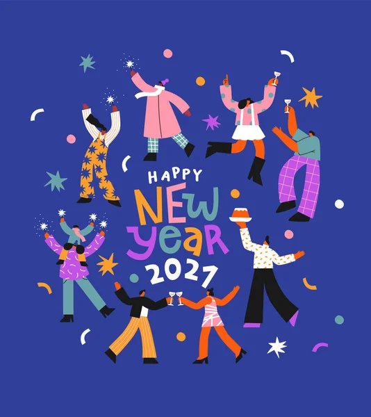 Feliz Año Nuevo 2021 Ilustración Tarjeta Felicitación Diversas Personas Bailando — Archivo Imágenes Vectoriales