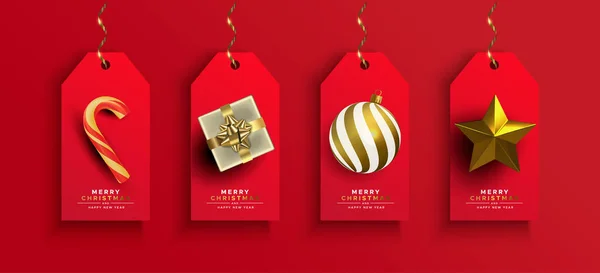 Vrolijk Kerstfeest Gelukkig Nieuwjaar Goud Wenskaart Illustratie Set Realistische Luxe — Stockvector