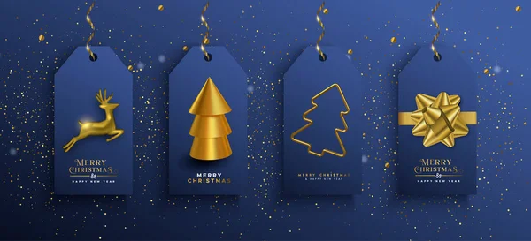 Selamat Natal Selamat Tahun Baru Set Kartu Gambar Emas Realistik - Stok Vektor