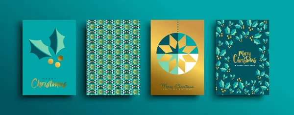 Καλά Χριστούγεννα Καλή Πρωτοχρονιά Συλλογή Ευχετήριων Καρτών Σκανδιναβικού Στυλ Χρυσό — Διανυσματικό Αρχείο