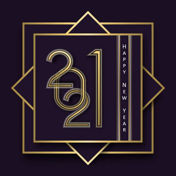 ハッピーニューイヤー2021ゴールド豪華なグリーティングカードイラスト 黄金のアートデコラインフレームとカレンダーの日付番号記号 — ストックベクタ