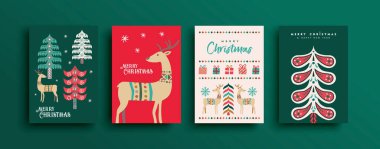 Mutlu Noeller yeni yıl tebrik kartı seti. Geleneksel İskandinav orman dekorasyonlu klasik halk sanatı tasarım koleksiyonu. Çam ağacı, ren geyiği ve kar tanelerini içerir.