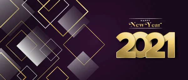 ハッピーニューイヤー2021ゴールド豪華なウェブバナーイラスト 黄金の抽象幾何学的なフレームとカレンダーの日付番号記号 — ストックベクタ