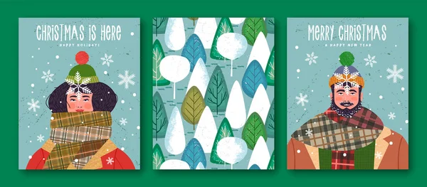 Рождеством Христовым Набор Иллюстраций Новогодним Открыткам Мужчина Женщина Смотрят Зимние — стоковый вектор