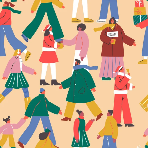 Ilustración Patrón Sin Costuras Navidad Diversas Personas Que Hacen Actividades — Archivo Imágenes Vectoriales