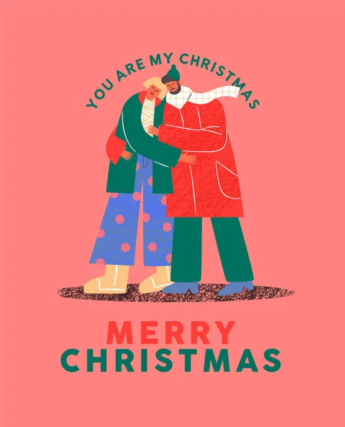 Feliz Navidad Tarjeta Felicitación Ilustración Hombre Mujer Pareja Amor Caminando — Archivo Imágenes Vectoriales