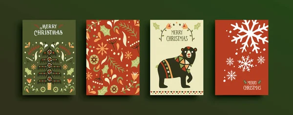 Merry Christmas Greeting Card Set Vintage Folk Art Holiday Design — Stock Vector