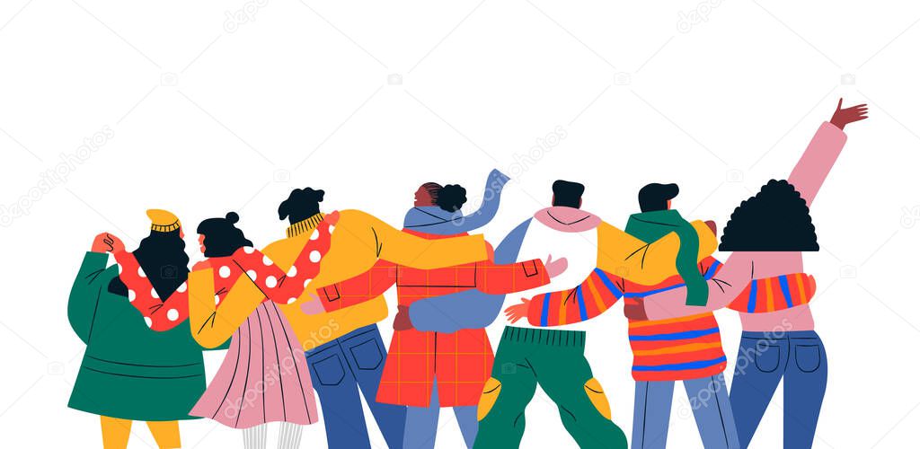 Happy young friend group hugging together on isolated white background. Modern flat cartoon illustration for friendship day concept or diverse social people team project.