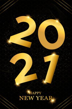 Mutlu yıllar 2021. Lüks tebrik kartı illüstrasyonu. VIP parti etkinliği için altın numara tarih işareti, altın parıltı ve soyut geometrik siyah arkaplan tasarımı.