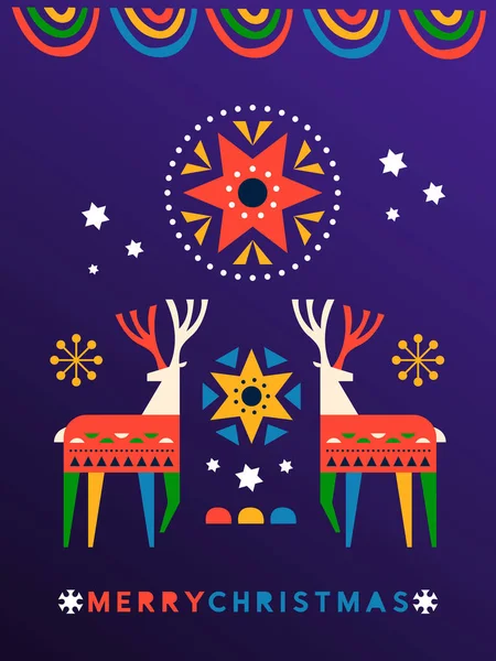 God Jul Folk Konst Gratulationskort Illustration Färgglad Nordisk Stil Ren — Stock vektor