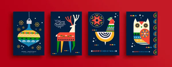 Merry Christmas Folk Art Greeting Card Set Colorful Nordic Style — Stock Vector