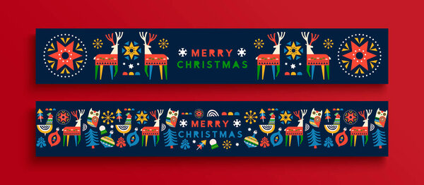 Merry Christmas folk art web banner set. Colorful nordic style winter animals and holiday decoration, geometric shape cartoon includes deer, owl, bauble.