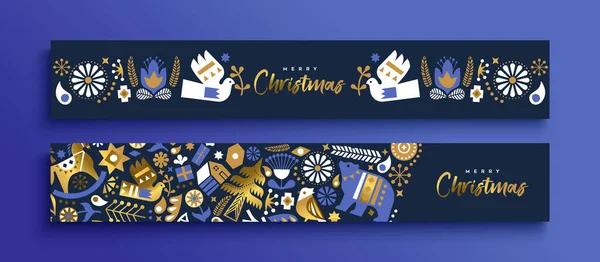 Merry Christmas Web Banner Set Coleção Ilustrações Folclóricas Escandinavas Ouro —  Vetores de Stock